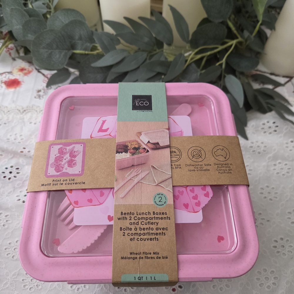 Eco Pink Bento Lunch Box Set Of 2  with Cutlery